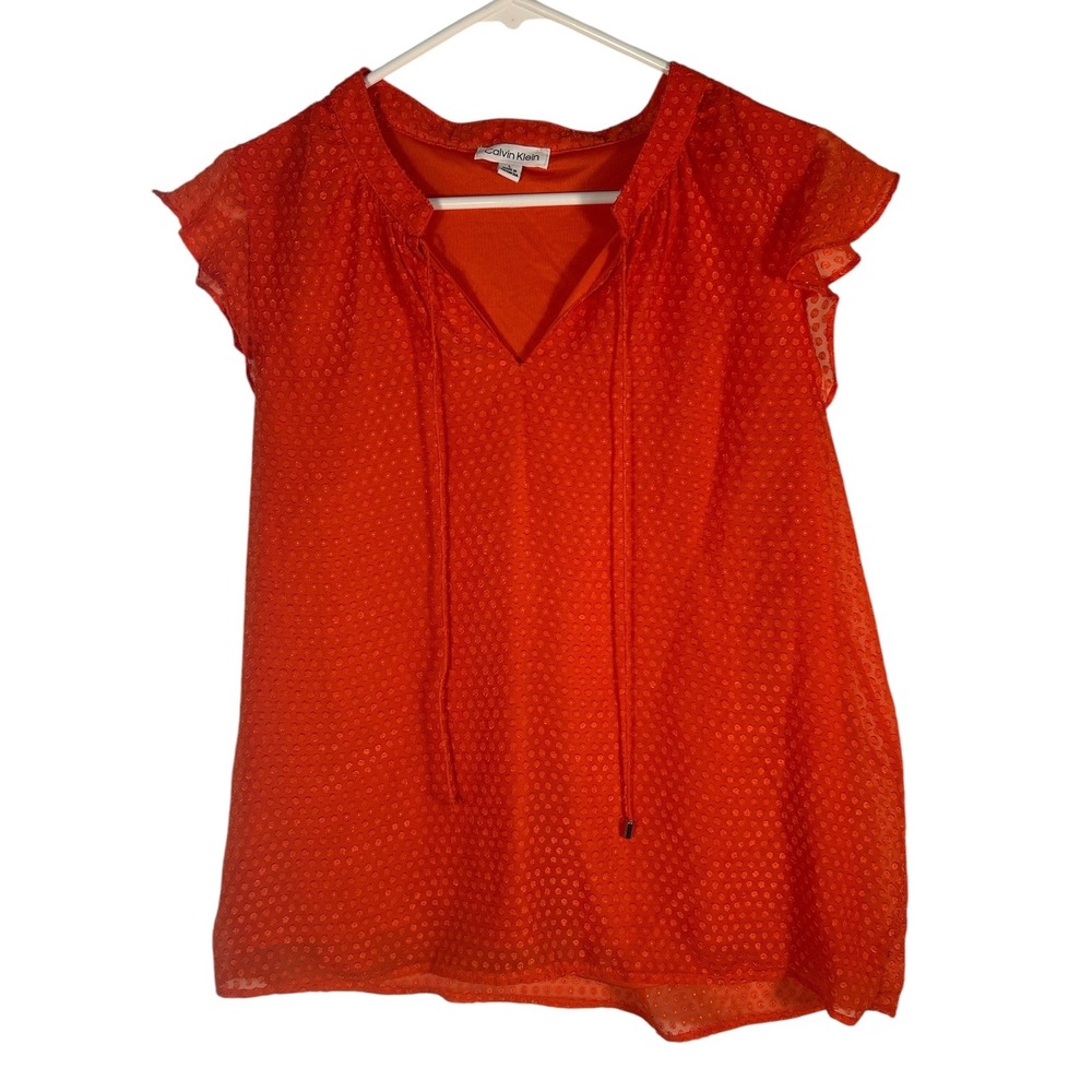 Calvin Klein Orange Clip Dot Flutter Sleeve Tie Neck Blouse Womens L‎ M54163